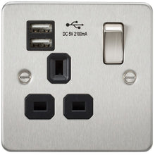 13A 1G Flat Plate Switched Socket and Dual USB Chargers with Black Inserts - Steel City Lighting