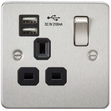 13A 1G Flat Plate Switched Socket and Dual USB Chargers with Black Inserts - Steel City Lighting