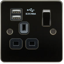 13A 1G Flat Plate Switched Socket and Dual USB Chargers with Black Inserts - Steel City Lighting