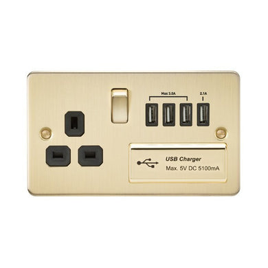 13A 1G Flat Plate Switched Socket and Quad USB Chargers with Black Inserts - Steel City Lighting