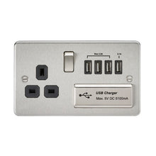 13A 1G Flat Plate Switched Socket and Quad USB Chargers with Black Inserts - Steel City Lighting