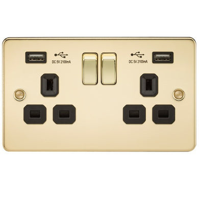 13A 2G Flat Plate Switched Socket and Dual USB Chargers with Black Inserts - Steel City Lighting