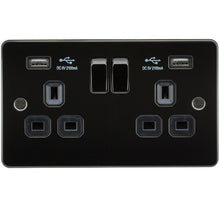 13A 2G Flat Plate Switched Socket and Dual USB Chargers with Black Inserts - Steel City Lighting
