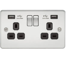 13A 2G Flat Plate Switched Socket and Dual USB Chargers with Black Inserts - Steel City Lighting