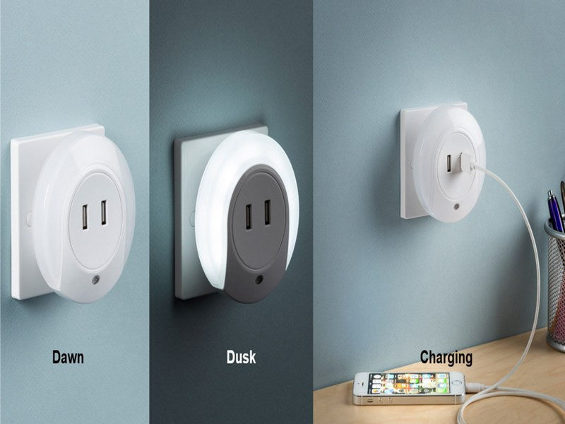 LED Lighting - Plug-in LED Night Light With Dual 5V DC 2.1A USB Charger Ports