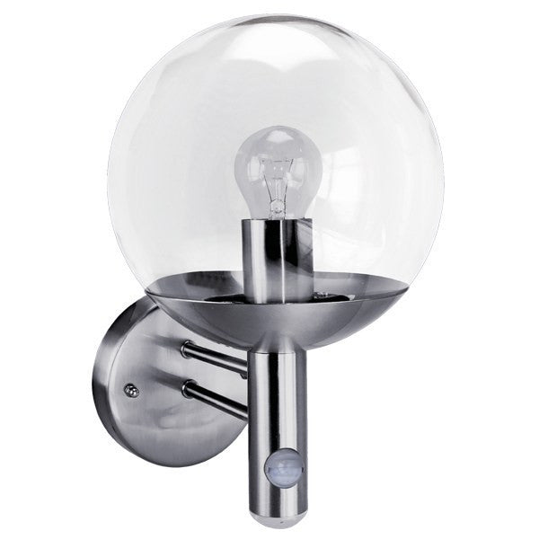 Security Lighting - Stainless Steel IP44 PIR Wall Globe With Dusk To Dawn LED